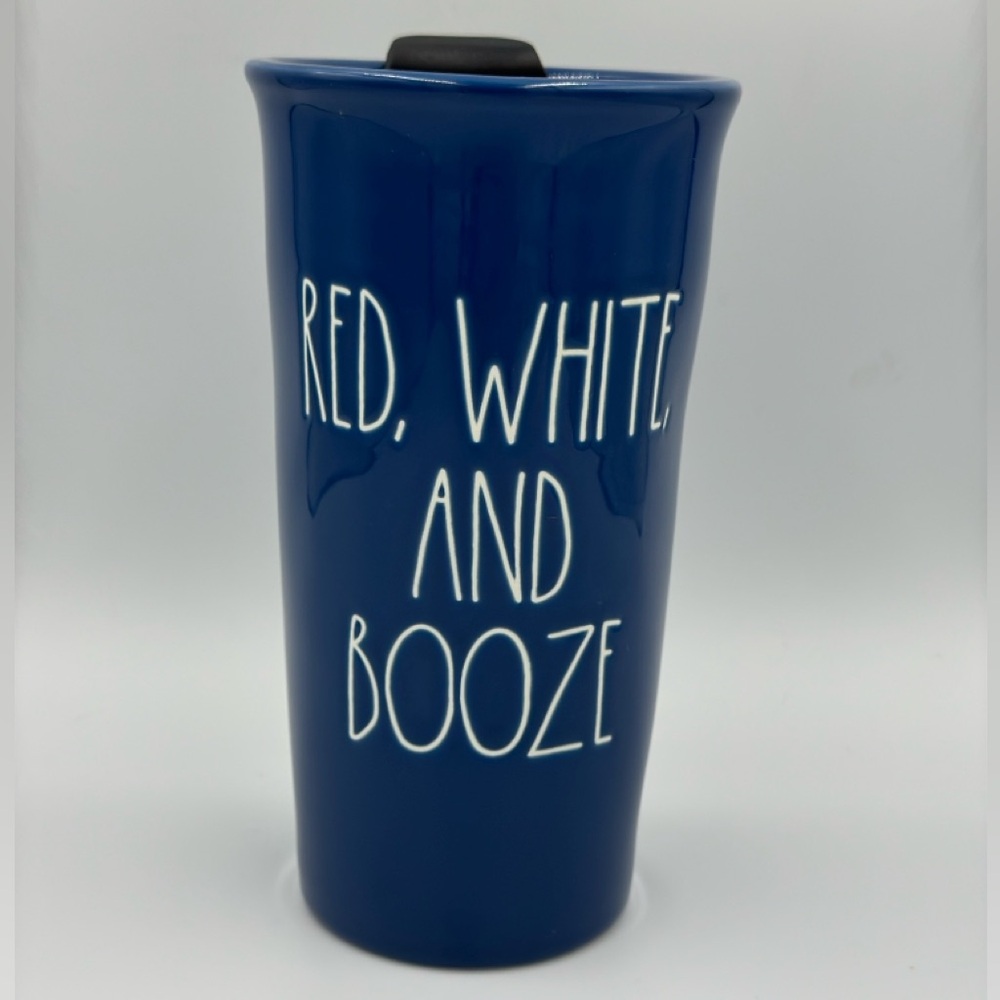 NWOT Rae Dunn Tumbler “Red, White, And Booze” Blue Ceramic Travel Mug with Lid